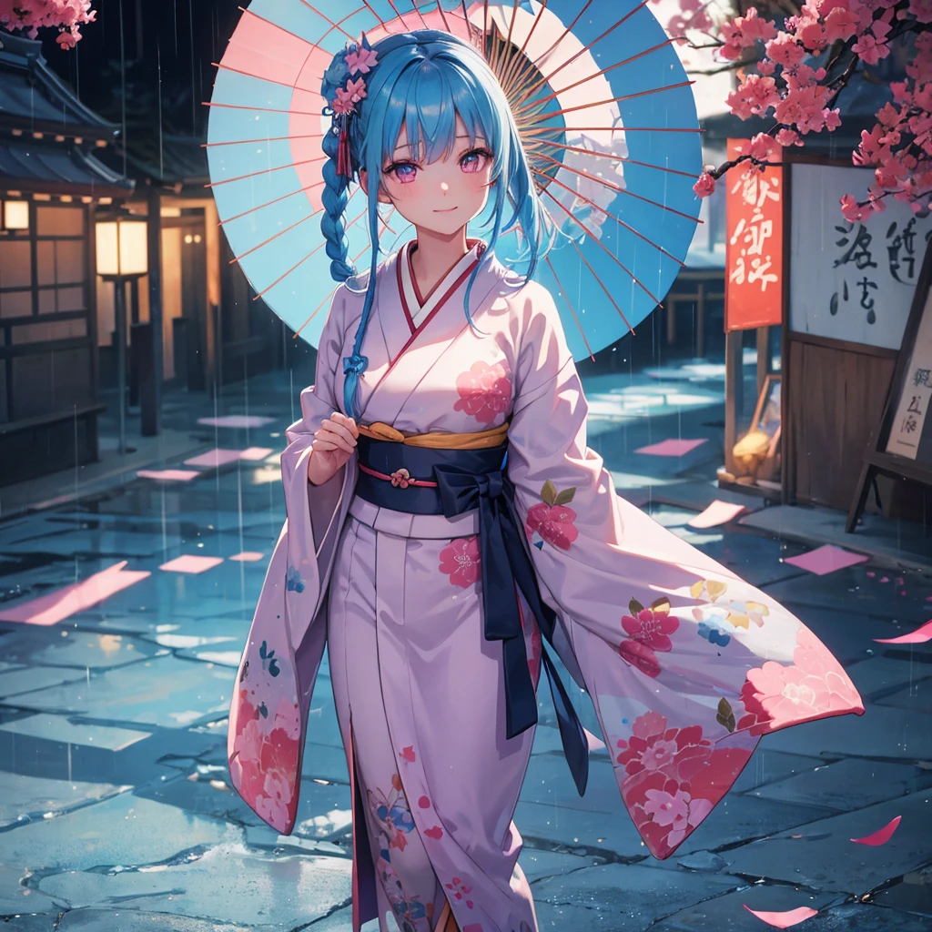 sky Blue hair, (braided ponytail),(pink eyes),fair skin ,(full body),(1 girl),smile,Straight Bangs,(masterpiece, best quality, ultra-detailed, best shadow), (detailed background), (beautiful detailed face), high contrast, (best illumination, an extremely delicate and beautiful), ((cinematic light)), colorful, hyper detail, dramatic light, intricate details,rain shower,kyoto,Japanese Umbrella,kimono,