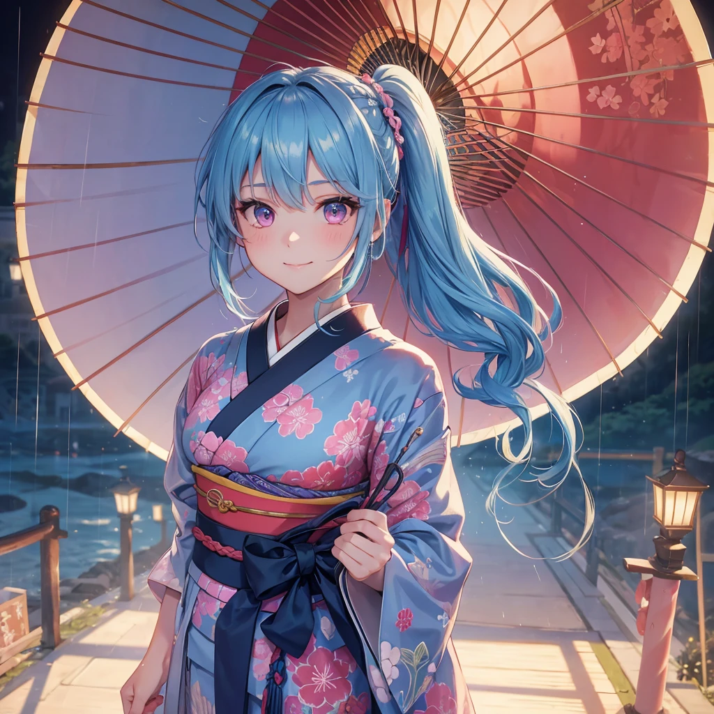 sky Blue hair, (braided ponytail),(pink eyes),fair skin ,(full body),(1 girl),smile,Straight Bangs,(masterpiece, best quality, ultra-detailed, best shadow), (detailed background), (beautiful detailed face), high contrast, (best illumination, an extremely delicate and beautiful), ((cinematic light)), colorful, hyper detail, dramatic light, intricate details,rain shower,kyoto,Japanese Umbrella,kimono,
