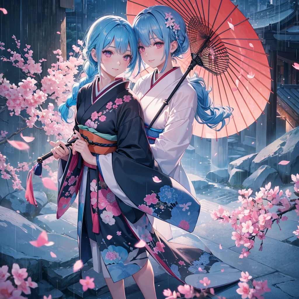 sky Blue hair, (braided ponytail),(pink eyes),fair skin ,(full body),(1 girl),smile,Straight Bangs,(masterpiece, best quality, ultra-detailed, best shadow), (detailed background), (beautiful detailed face), high contrast, (best illumination, an extremely delicate and beautiful), ((cinematic light)), colorful, hyper detail, dramatic light, intricate details,rain shower,kyoto,Japanese Umbrella,kimono,