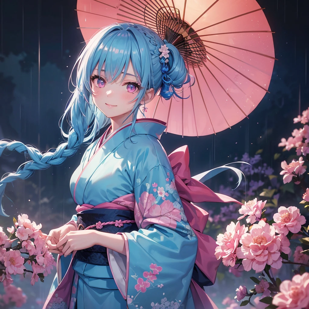 sky Blue hair, (braided ponytail),(pink eyes),fair skin ,(full body),(1 girl),smile,Straight Bangs,(masterpiece, best quality, ultra-detailed, best shadow), (detailed background), (beautiful detailed face), high contrast, (best illumination, an extremely delicate and beautiful), ((cinematic light)), colorful, hyper detail, dramatic light, intricate details,rain shower,kyoto,Japanese Umbrella,kimono,
