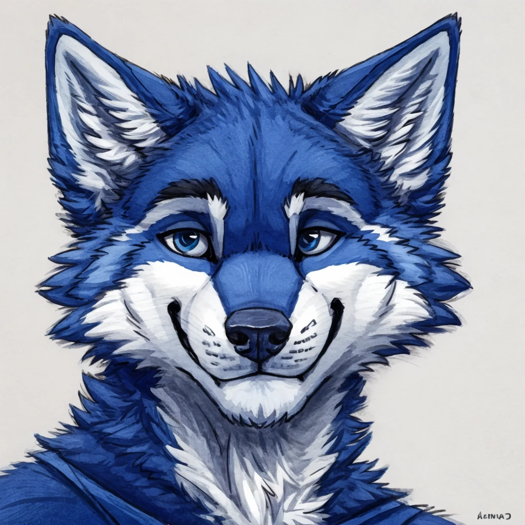 a medium close-up of a anthropomorphic blue colored wolf, closed smile, high quality furry art, high quality furry ref.