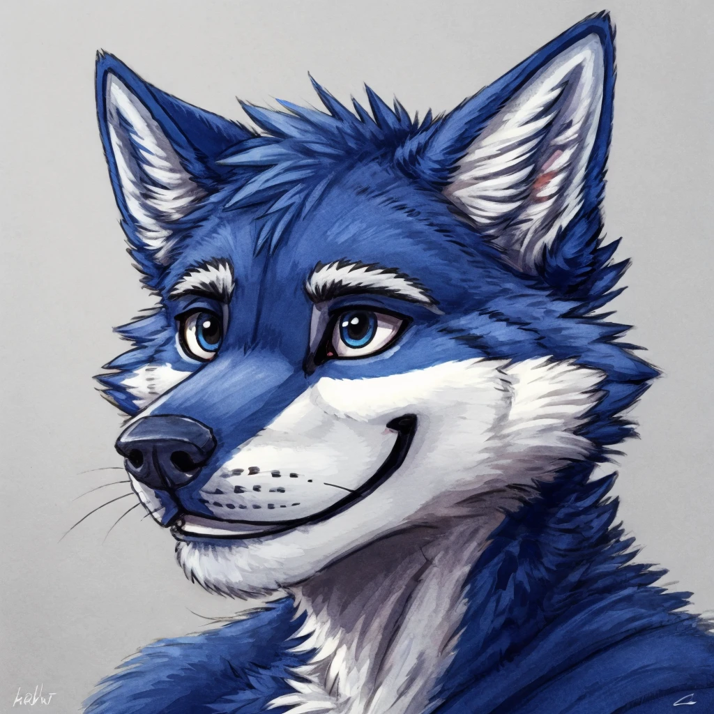 a medium close-up of a anthropomorphic blue colored wolf, closed smile, high quality furry art, high quality furry ref.