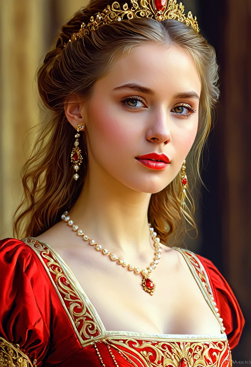 Close-up of woman in red and gold dress, Carole for UHD, beautiful girl, beautiful fantasy girl, painting beautiful, beautiful fantasy portrait, beautiful fantasy portrait, beautiful character drawing, in pearl colour, Very beautiful face, very beautiful portrait, Renaissance digital painting, gorgeous woman, beautiful digital images, traditional beauty, Very beautiful woman, Beautiful digital painting, very beautiful girl