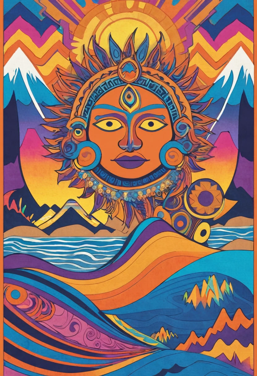 album cover with modern and minimalist frame, orange human figure emerging from the blue sea and rising to the violet skies, yellow inca sun in the upper background, mountains in the lower background, swirly vibrant colors, psychedelic art,Latin American tribal aesthetic