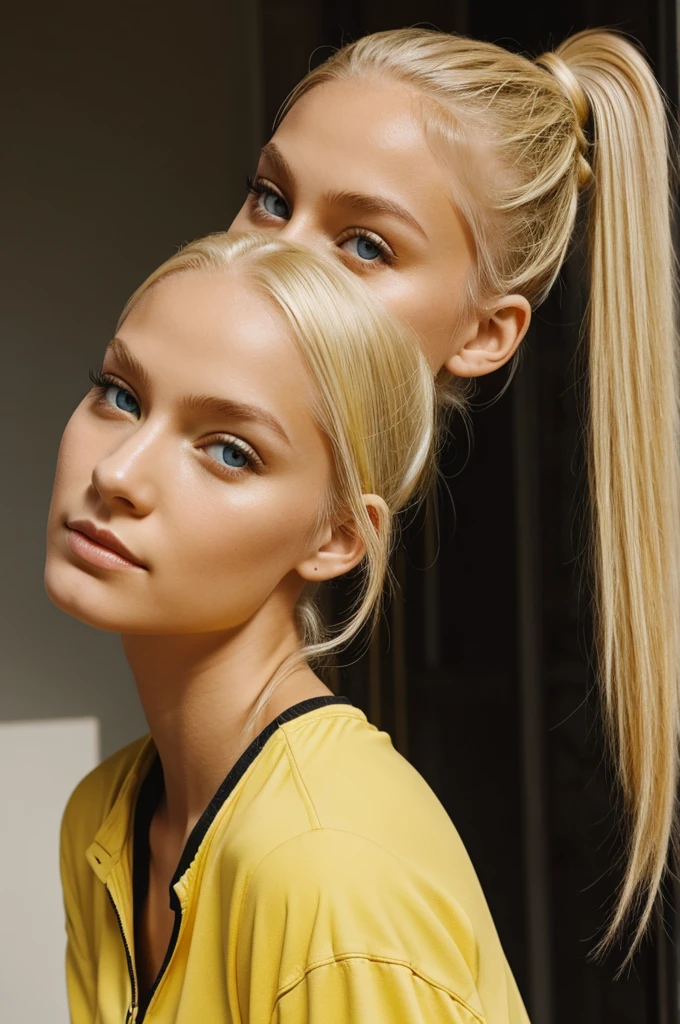 1 girl, yellow eyes, yellow hair, Collected in a ponytail