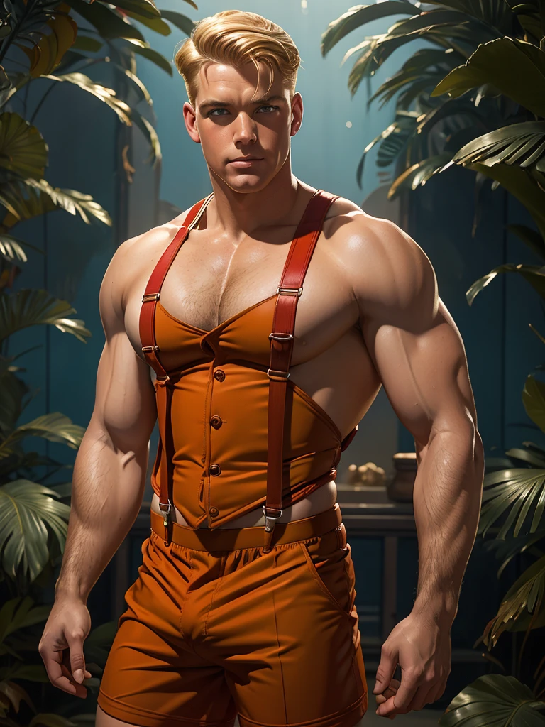 Leyendecker style illustration: muscular and inflated blonde firefighter in suspenders , age - more than 25 years in red swimming trunks , Without a T-shirt , no pants , Swimming trunks on suspenders , Chest and shoulders are crossed by braces , dirty face , in soot 