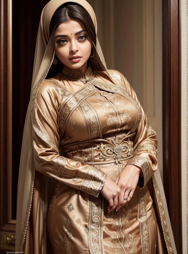 RAW, (Best quality, high resolution, work: 1.3), Aishwarya Rai in hijab, Muslim, perfect fit body, Big breast,Beautiful big eyes, Soft smile, beautiful face, slightly open mouth, thick thighs, beautiful buttocks, RAW, Best quality, high resolution, masterpiece: 1.3), Aishwarya Rai in hijab, Muslim, Masterpiece, perfect fit body, big breasts, thick thighs, beautiful big eyes, Soft smile, beautifull girls, detail face, close up of a muslim woman in a dress standing on a street, brocade dress, in lace brown dress, idian dress, long dress female, full covered dress, royal brocade dress, batik, baroque dress, style of ade santora, sophisticated dress, ornate attire, wearing an elegant dress, 