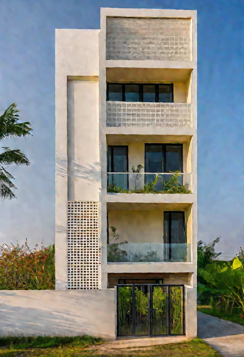 Raw photo,Masterpiece, high quality, best quality, authentic, super detail, exterior, outdoors,Tuonghoagio,house, modern stytle, on the street,wind flower wall, glass windows, white wall,gate, metal railing road,pavement, grass, trees, blue sky, (daylight:1.1), ((realistic photo))