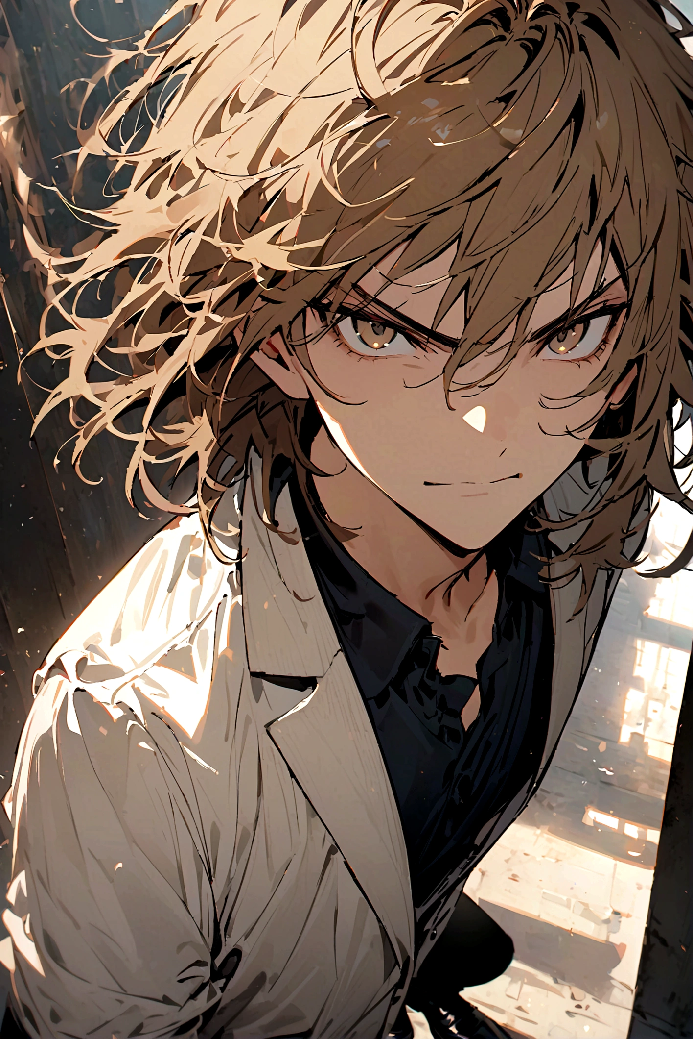 Teenage boy, Messy hair, medium length hair, light brown hair with blue highlights, Light brown eyes, serious face, ssmile, white school shirt, school blue jacket, dark brown pants, black dress shoes, lot of details