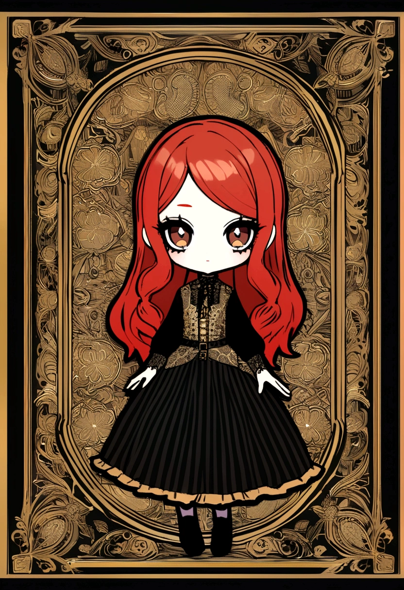 Blythe doll with dark brown eyes with red hair with black highlights with y2k style clothes