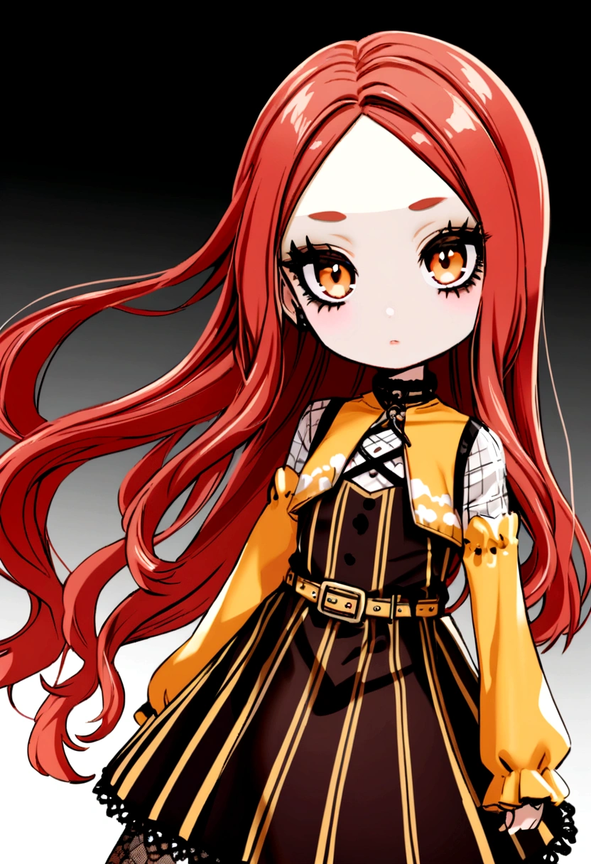 Blythe doll with dark brown eyes with red hair with black highlights with y2k style clothes