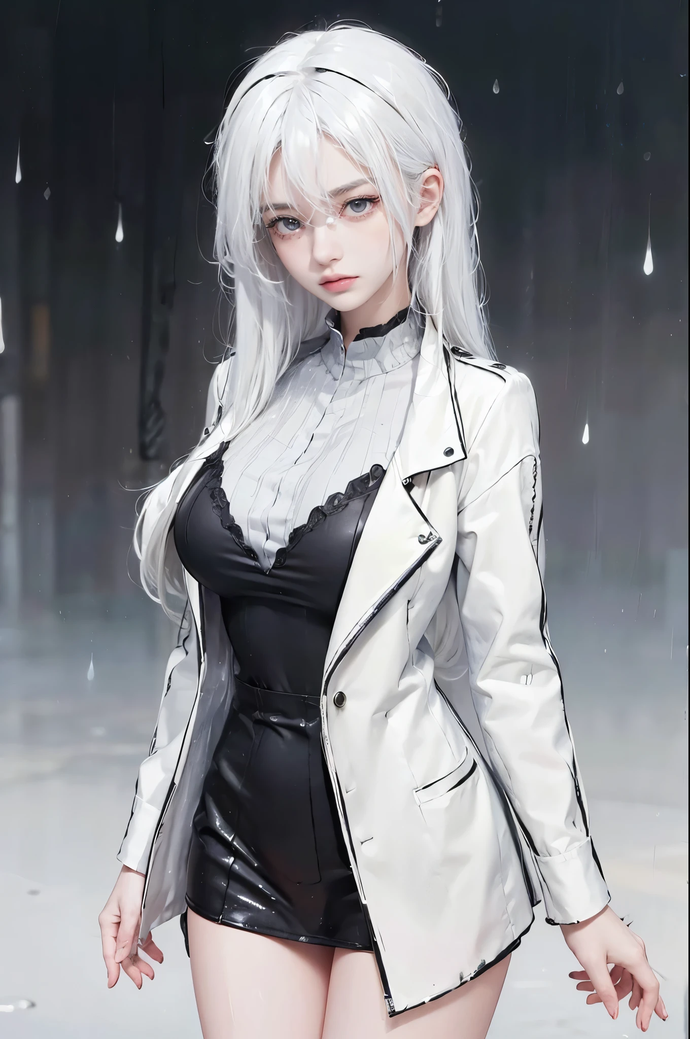 female, ((masterpiece, best quality, ultra detailed, absurdres), solo, white hair, rain