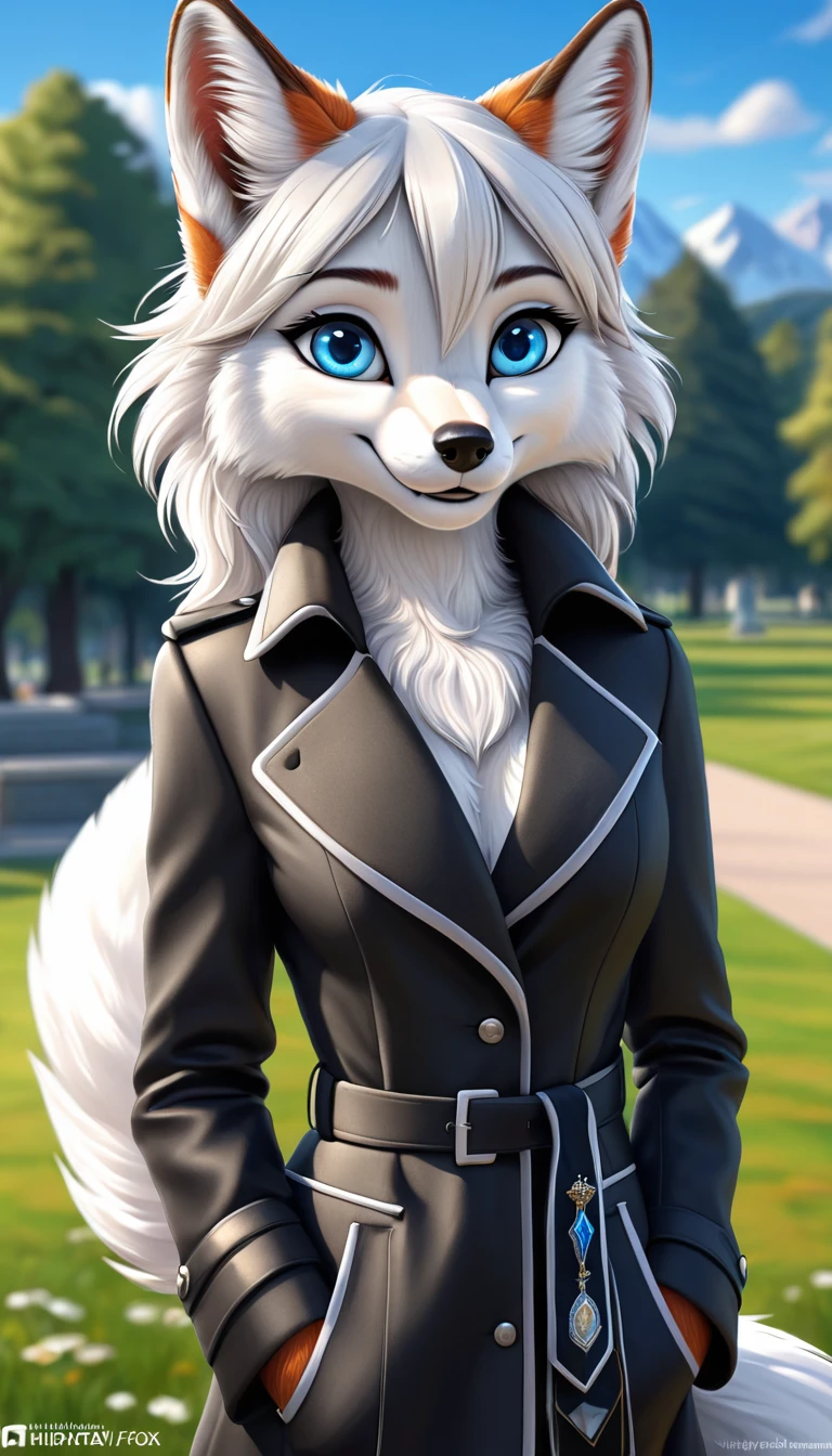 Hairy Women, arctic fox, mammal, A beautiful furry fox girl is standing in a park posing against, She looks at the audience and smiles, Black Trench Coat, looking off to the side, Field of view, sky空, sky, Beautiful blue eyes, Award-winning illustrations|Popular on ArtStation, masterpiece|highly detailed|best quality|HD|8K|uHD|intricate details|extreme_detail