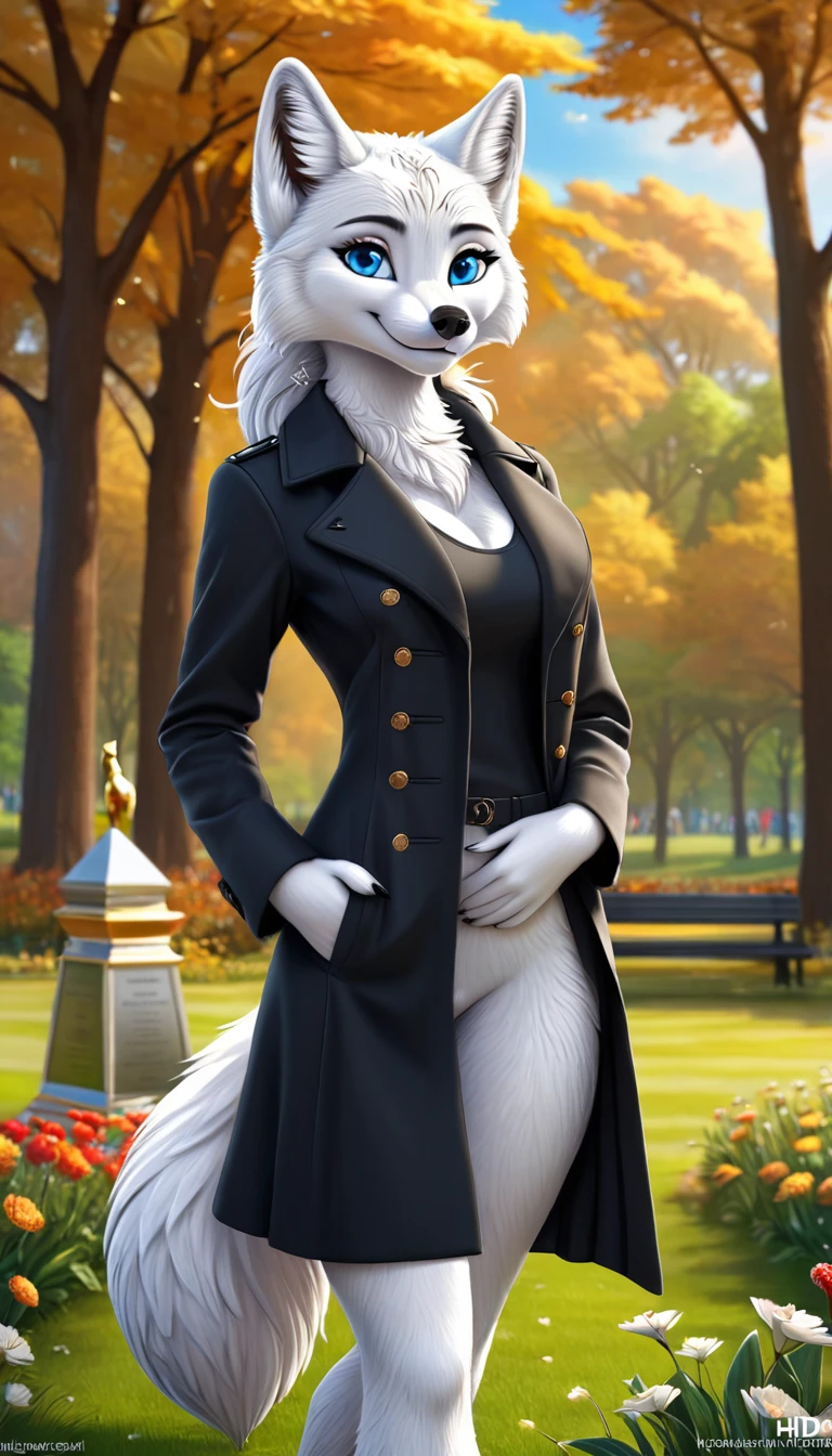 Hairy Women, arctic fox, mammal, A beautiful furry fox girl is standing in a park posing against, She looks at the audience and smiles, Black Trench Coat, looking off to the side, Field of view, sky空, sky, Beautiful blue eyes, Award-winning illustrations|Popular on ArtStation, masterpiece|highly detailed|best quality|HD|8K|uHD|intricate details|extreme_detail