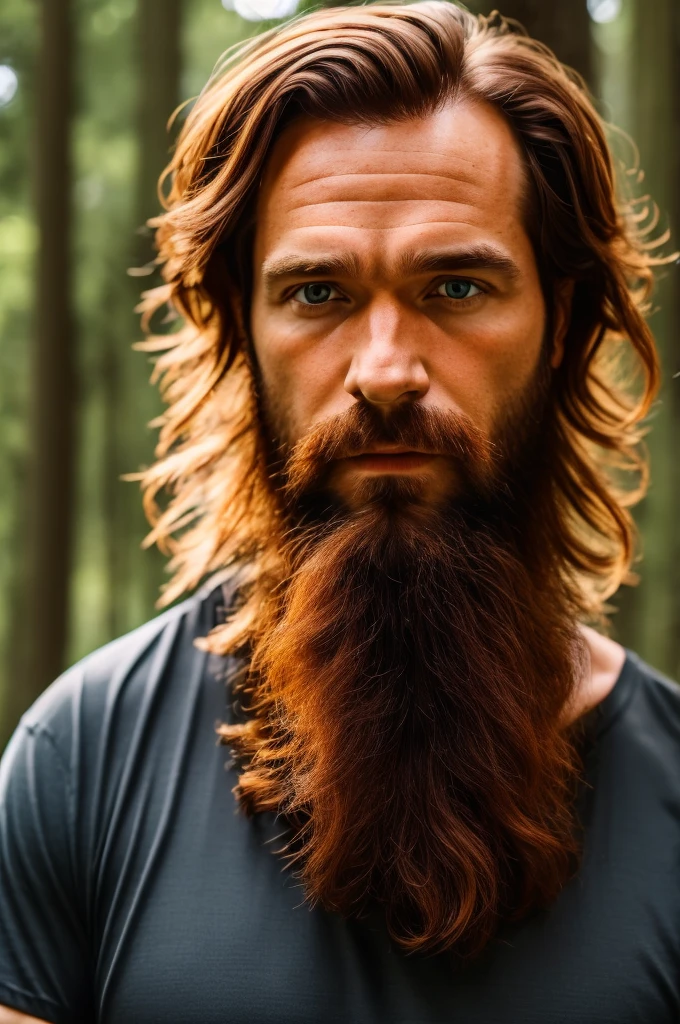 (((hd closeup photo))), one standing Johnny Smith, brazilian dark ginger hair and beard, Alto looking at camera, 36 years old, in forest