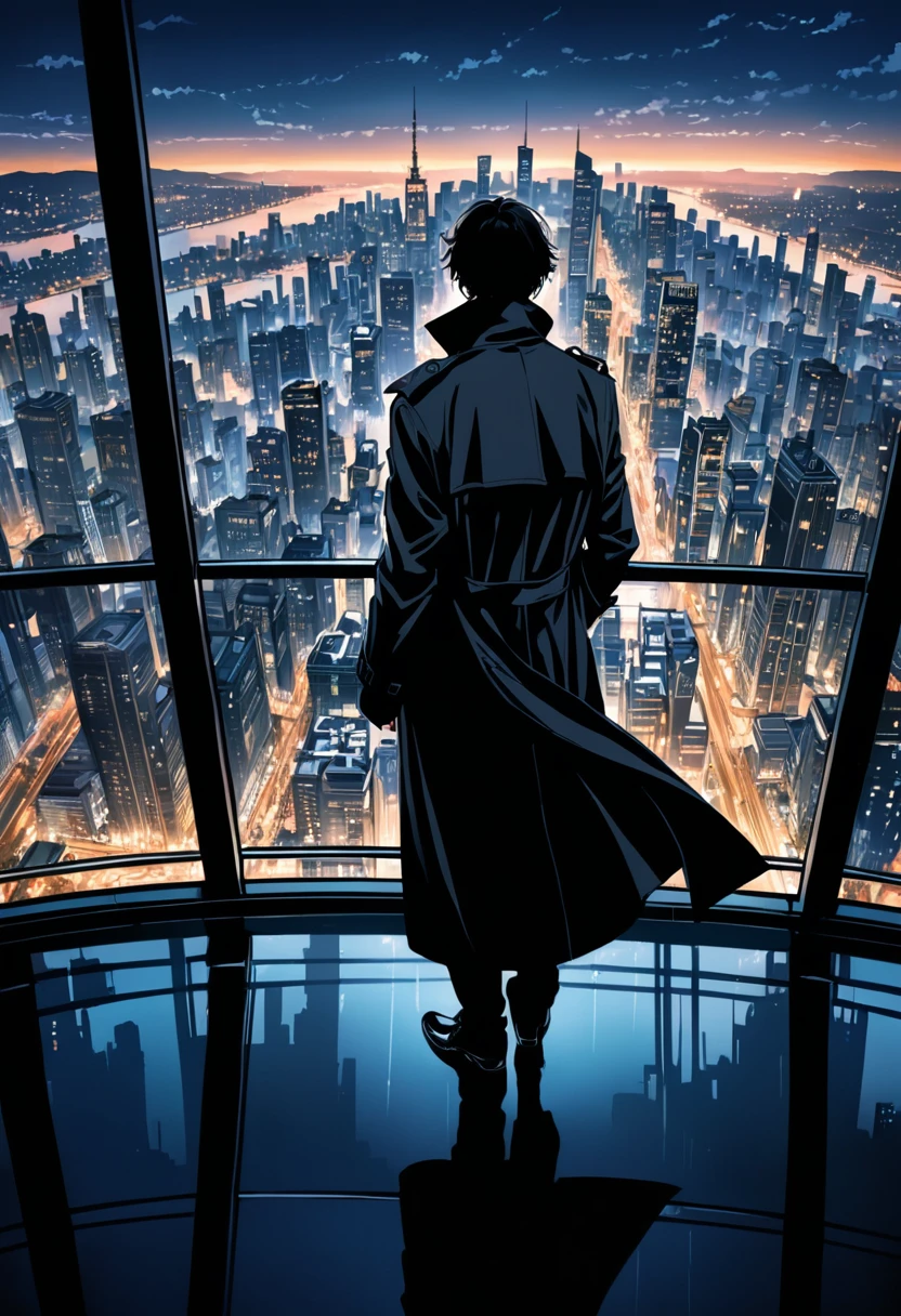 (Black Trench Coat), Night style, in the twilight light, a figure wearing a black trench coat stands on the observation deck of a skyscraper, with a silhouette of the city's skyline behind it. The bright lights reflect the figure's flowing trench coat, (Photography), panoramic view, award-winning, cinematic still, emotional, vignette, dynamic, vivid, (masterpiece, best quality, Professional, perfect composition, very aesthetic, absurdres, ultra-detailed, intricate details:1.3)