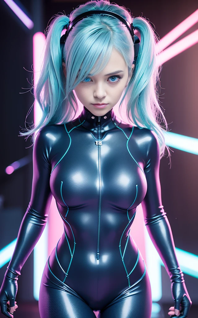 (((Adult Woman))), ((Best Quality)), ((masutepiece)), (Detailed: 1.4), (Absurd), Genesis evangelion neon style clothing, bobhair, cybernetic hands, pastel, Centered, scale to fit the dimensions, Ray tracing,Hyper-Resolution, Anisotropy Filtering, Multilayer textures, accurate simulation of light and material interactions, Perfect proportions, Wide aperture, Crysisnanosuit,Blue hair, Blue eyes, Hyper Realistic