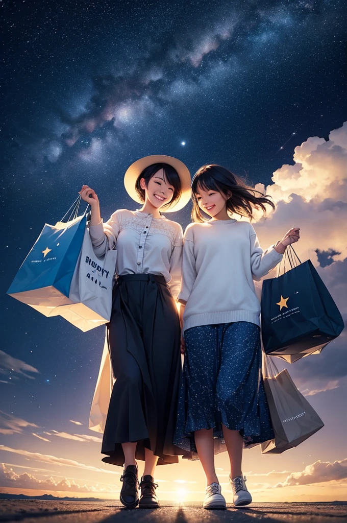 create a happy person with clothes shopping bags and starry sky landscape