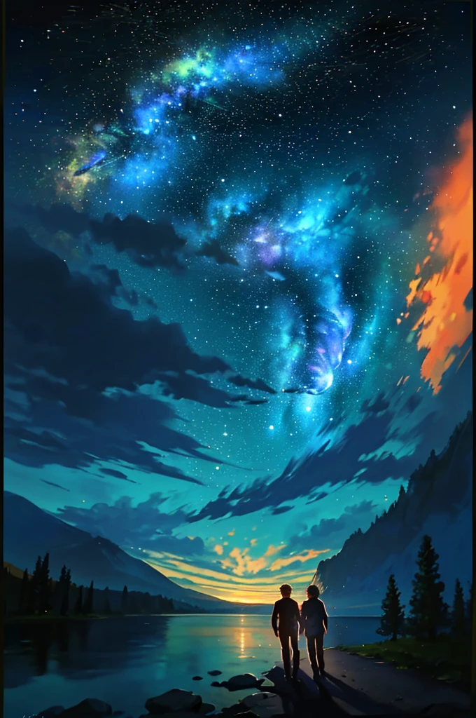 (((quality: Best picture quality))), ((Painting style: 𝓡𝓸𝓶𝓪𝓷𝓽𝓲𝓬)), (newlyweds:1),(Look at the stars at the top of the mountain),(wedding gown),(Business suit),(Shine the stars：1.5), Romantic couple photos, cinematic Film still from