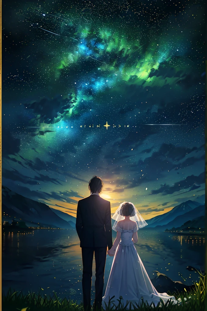 (((quality: Best picture quality))), ((Painting style: 𝓡𝓸𝓶𝓪𝓷𝓽𝓲𝓬)), (newlyweds:1),(Look at the stars at the top of the mountain),(wedding gown),(Business suit),(Shine the stars:1.5), Romantic couple photos, cinematic Film still from