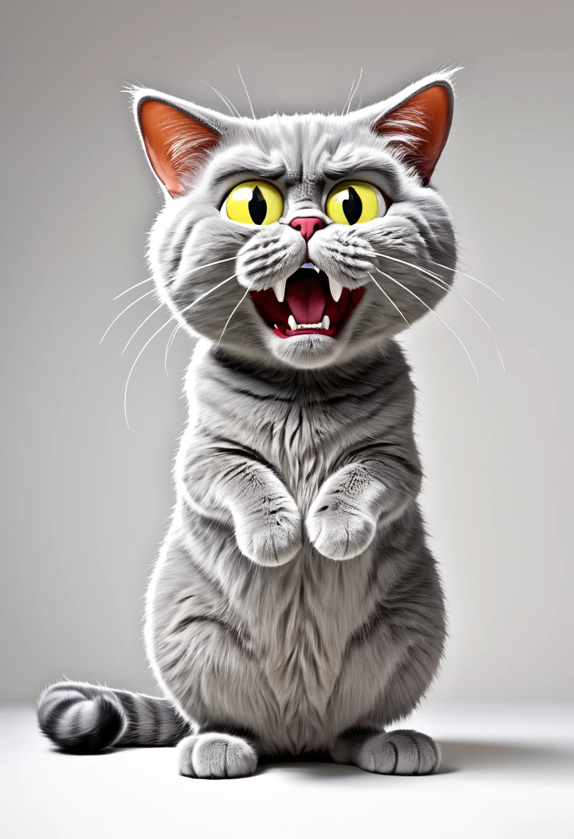 Cartoon by Jim Davis, A humorous and expressive cartoon of an angry grey cat, standing,solid white background, humorous, expressive, angry, grey --ar 3:4 --v 6.0