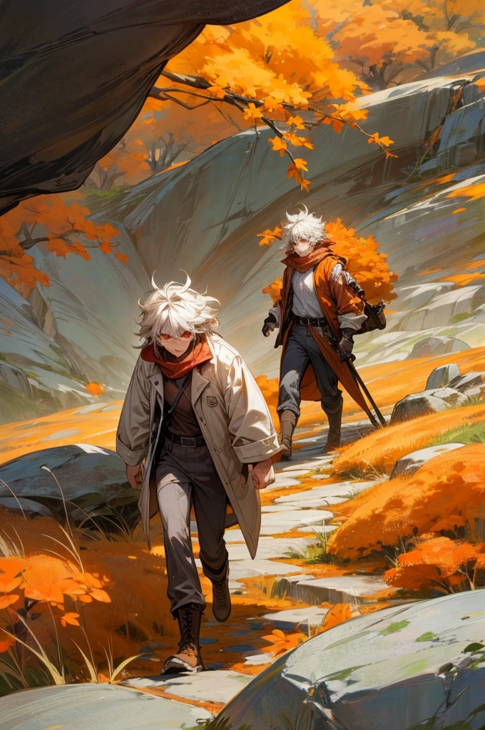 (8k, Best Quality, Masterpiece) an anime character/manga walking in a natural landscape. The character has white, messy hair., red eyes and determined expression. He wears a brown jacket with red details, a white shirt, dark pants and boots. He has a belt with various pockets and tools. The setting is a mountainous landscape with rock formations in the background and a stone path that crosses a field full of orange flowers. The atmosphere is calm and serene, with a combination of soft colors and well-defined details that enhance both the character and the environment.
