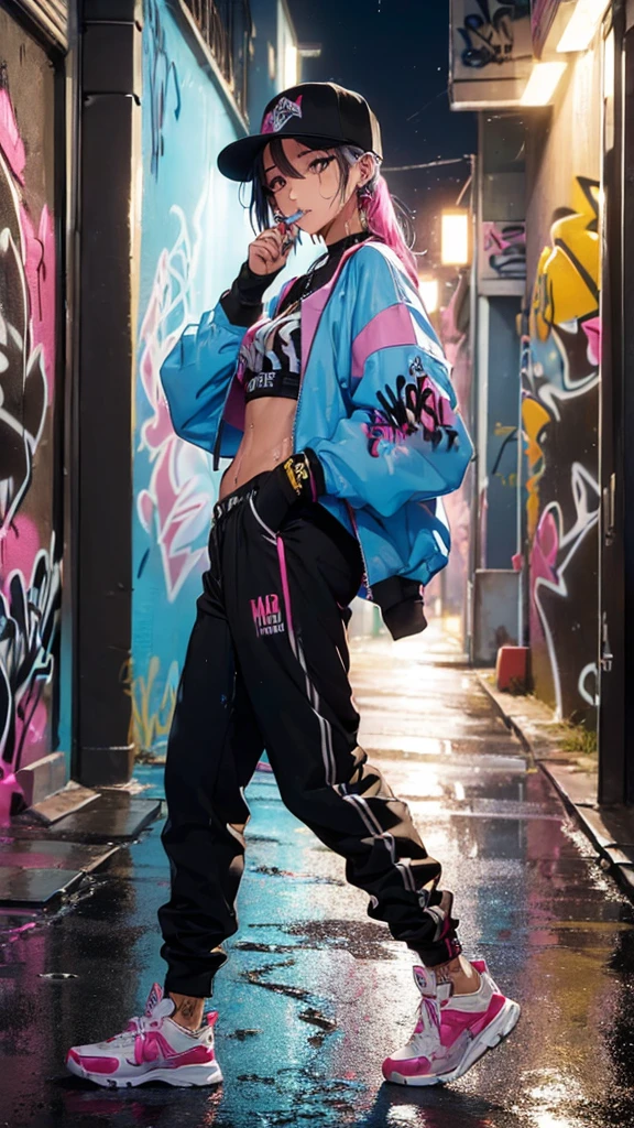 (((graffiti:1.4))),(background blurring:1.2),shibuya at night,(night_sky:1.4),(masterpiece,best quality:1.2),(8k),shiny skin,detailed skin,detailed face,detailed eyes,(wet road surface:1.3),1girl,(hip hop dancer:1.4),beautiful face,(Cinematic Lighting:1.3),((night:1.4)),straight_hair,(depth of field:1.2),(looking_to_the_side:1.2),looking_afar,medium breasts BREAK
(((hip-hop girl:1.3))),BREAK
((Hip Hop Fashion)),(graffiti wall:1.3),(use of colorful colors:1.3),((クローズアップ:1.2))