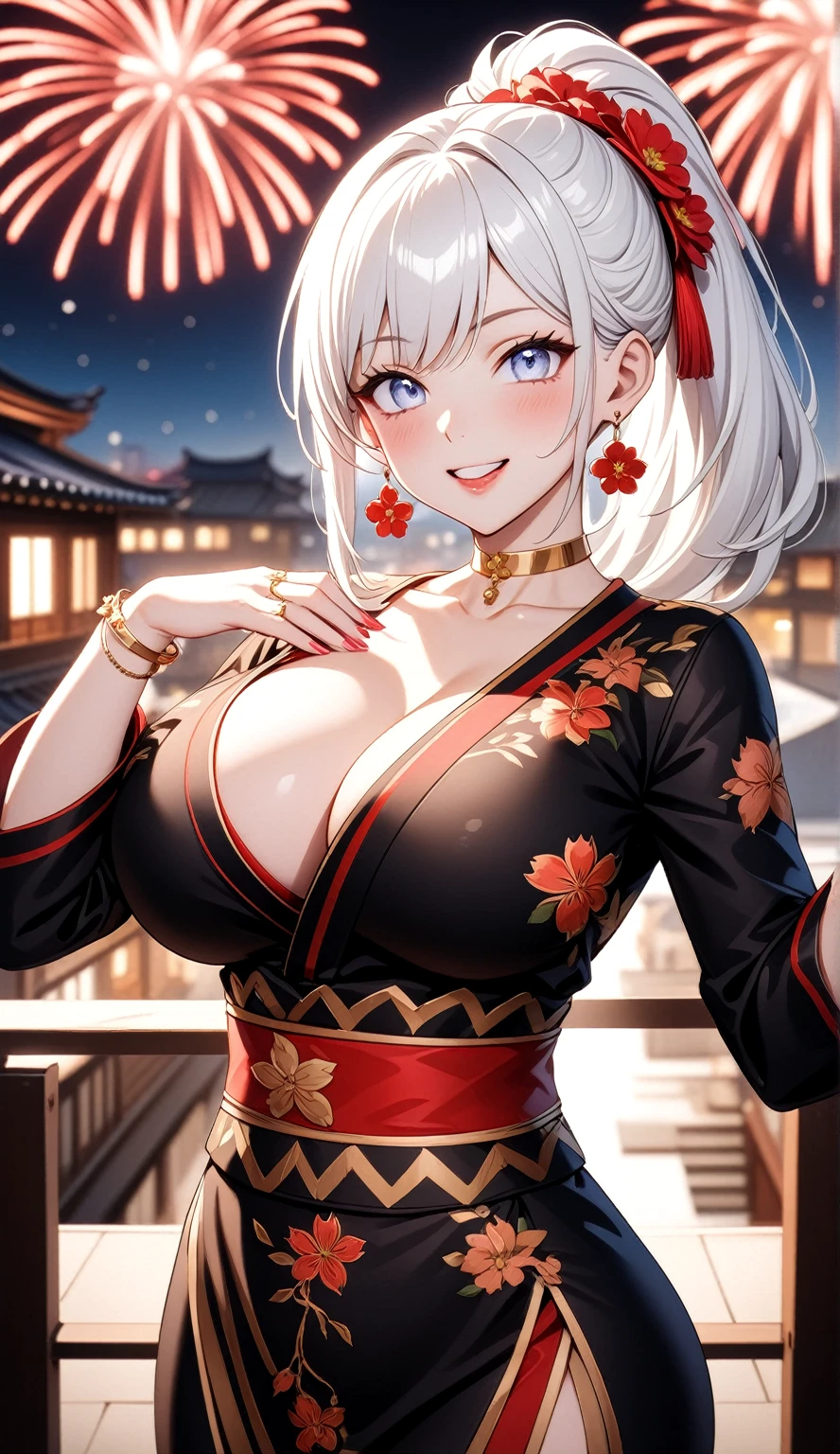 ((One personの女性)), Beautiful Face, (Laughing embarrassedly), (laugh:1.2),((Wink:1.7)), (head tilt:1.3), Laugh with your mouth wide open, upper teeth, looking down at viewer, ((Bright red cheeks:1.4)),Glossy Red Lips,rooftop, firework, Glossy red lips, Shining Face, ((Anime style background)),masterpiece, Highest quality, so beautiful,up to date, Complex details, (Pink long nails),(ring),(bracelet),(Floral choker),AI-generated, Complex,High resolution, Highest quality, super high quality,3D Images、3D Images,One person,Long white hair,High Ponytail, Anime woman posing for a photo,(blue eyes), ((Fine grain、Silvery white, lightly pigmented eyes、Shining Eyes:1.4)), (Squint your eyes:1.1),a hyperRealistic , hyperRealistic , Realistic,Anime woman with long white hair, Smooth anime CG art, A woman in a colorful kimono with gold embroidery, (Black long sleeve kimono),Red floral pattern,Long flower hair ornament,Earrings,Mature Body,(Big Breasts:1.1),Tall,Abdominal muscles,Tight waist,((breast focus:1.4)), (front view),