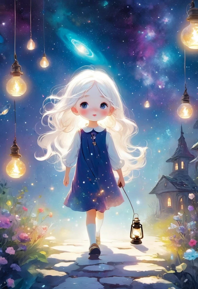 Illustration poster, white-haired girl walking in the galaxy with an oil lamp, surreal, soft light, beautiful, dreamy --style expressive