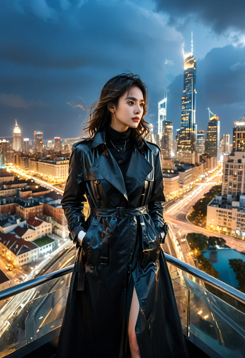 (Black Trench Coat), Night style, in the twilight light, a figure wearing a black trench coat stands on the observation deck of a skyscraper, with a silhouette of the city's skyline behind it. The bright lights reflect the figure's flowing trench coat, (Photography), panoramic view, award-winning, cinematic still, emotional, vignette, dynamic, vivid, (masterpiece, best quality, Professional, perfect composition, very aesthetic, absurdres, ultra-detailed, intricate details:1.3)