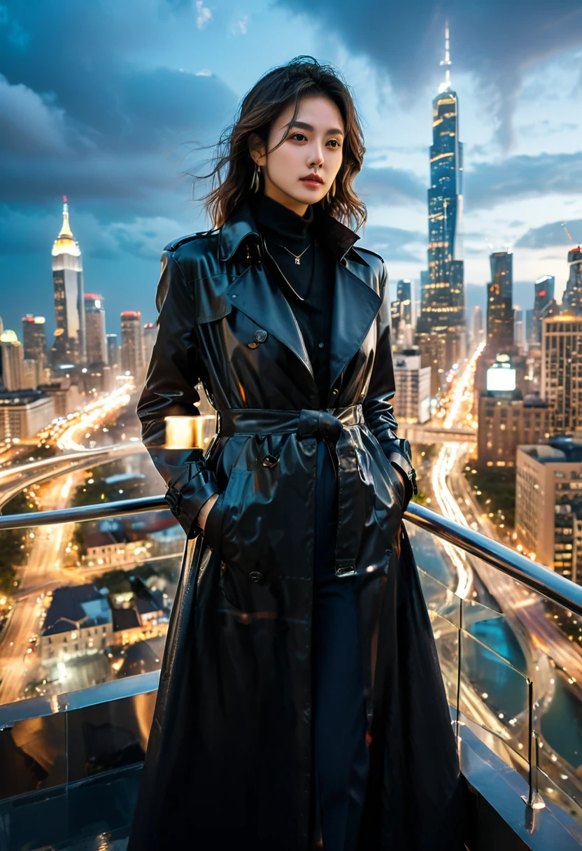 (Black Trench Coat), Night style, in the twilight light, a figure wearing a black trench coat stands on the observation deck of a skyscraper, with a silhouette of the city's skyline behind it. The bright lights reflect the figure's flowing trench coat, (Photography), panoramic view, award-winning, cinematic still, emotional, vignette, dynamic, vivid, (masterpiece, best quality, Professional, perfect composition, very aesthetic, absurdres, ultra-detailed, intricate details:1.3)