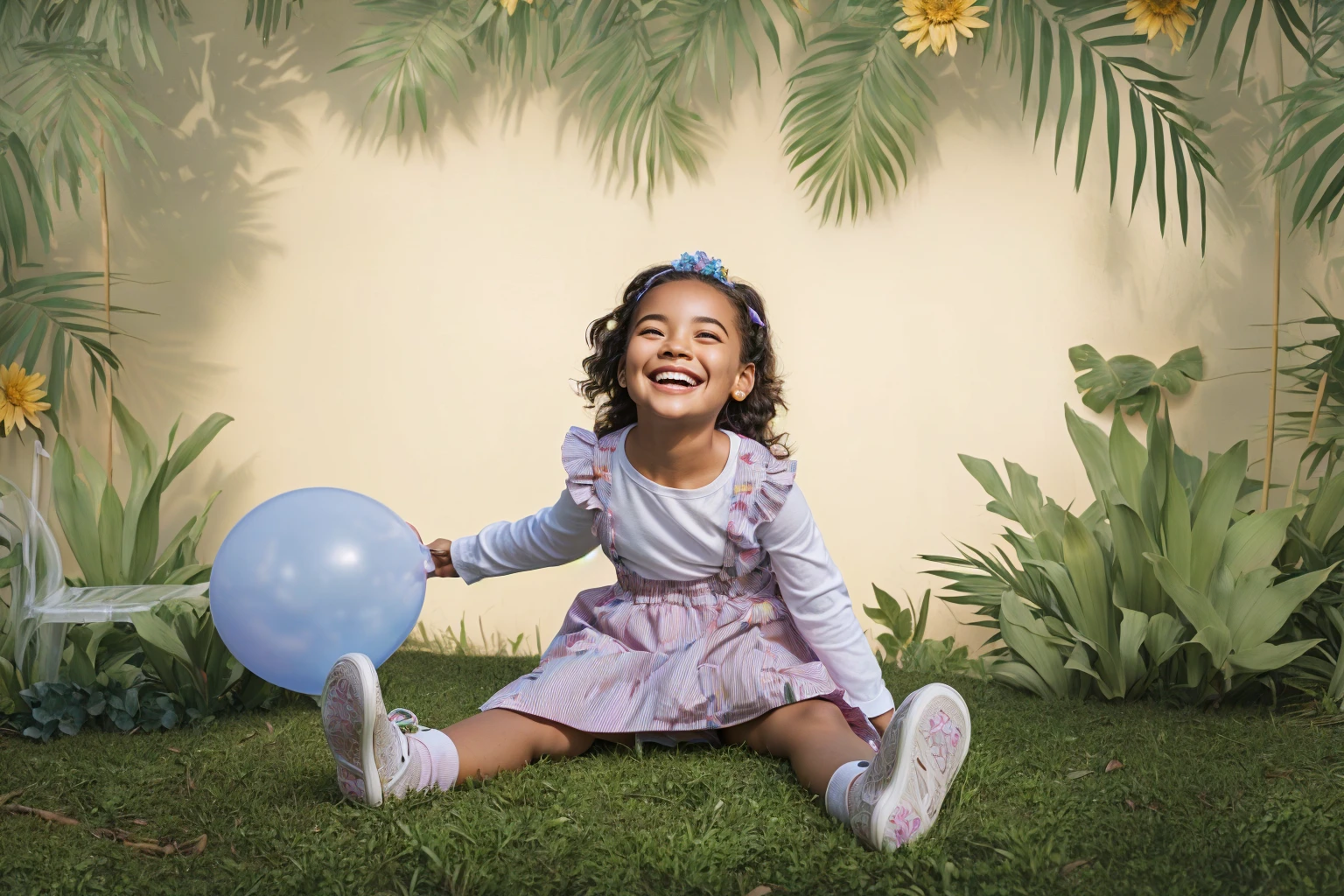 There is someone sitting on the grass with a balloon, toy commercial photo, smiling playfully, she expressing joy, Happy , portrait medio, happy girl, foto de portrait, foto portrait, she is smiling and excited, playful smile, having a great time, YOUNG , toddler, portrait, portrait en plano medio, in a jungle environment, portrait de alta calidad