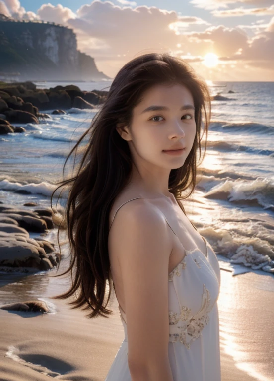 a beautiful woman on the beach, 1girl, detailed facial features, long wavy hair, skin glowing, wearing a white dress, walking on the shore, waves crashing in the background, sunset sky with warm colors, sandy beach, rocks and cliffs in the distance, (best quality,4k,8k,highres,masterpiece:1.2),ultra-detailed,(realistic,photorealistic,photo-realistic:1.37),cinematic lighting,natural setting,vibrant colors,golden hour,detailed ocean waves,detailed sand textures