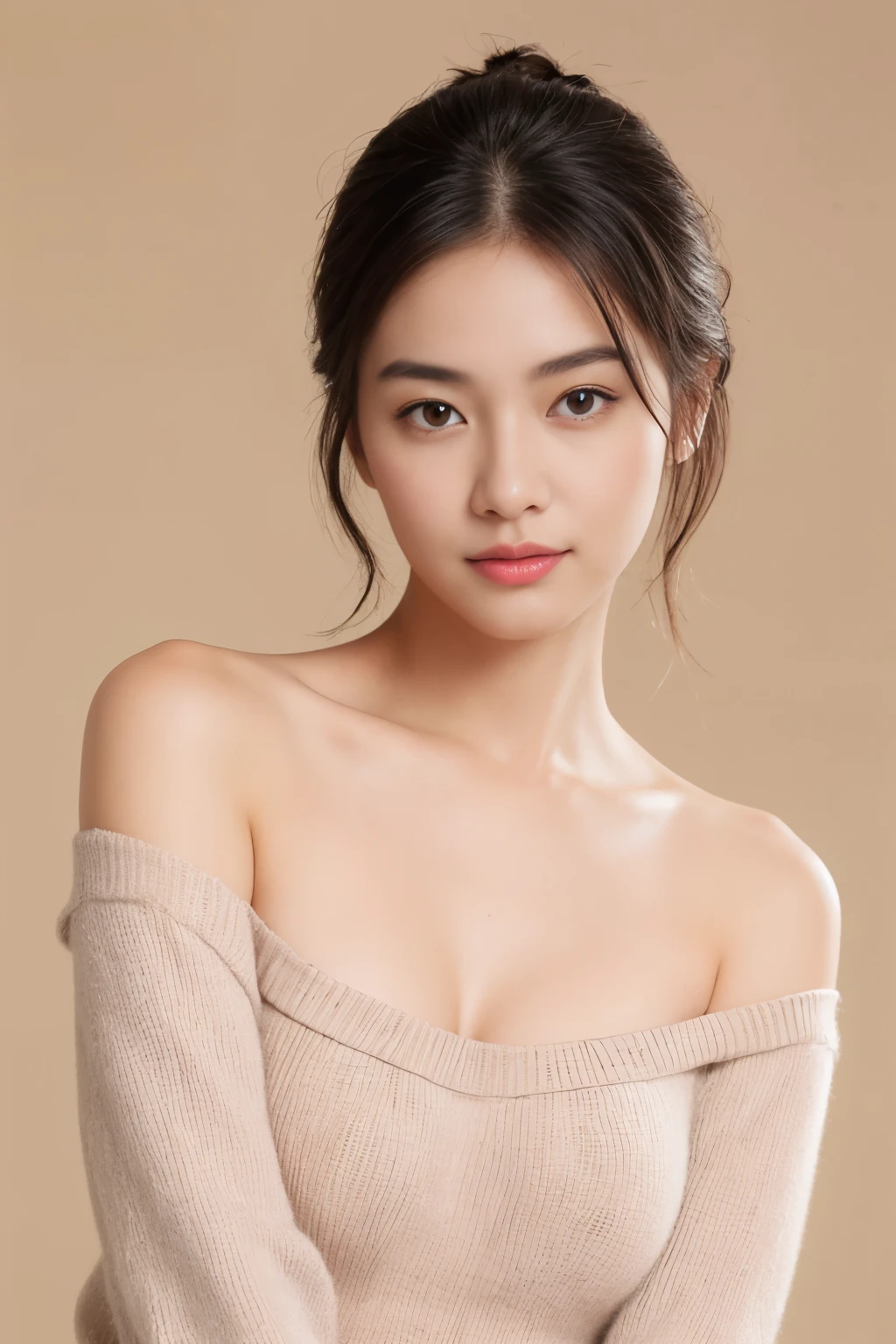 (colored picture), Photo realistic of beautiful asian、slender abs, (Highlight Haircutreast A Cup:1.2), small breast, round shape breast, perfect shape breast,(( )), She should have a serene expression, with large, expressive eyes and rosy lips. The woman is wearing an elegant pink, off-the-shoulder sweater, with a hint of a (((black strap visible))), set against a soft, neutral background that emphasizes her gentle and stylish appearance