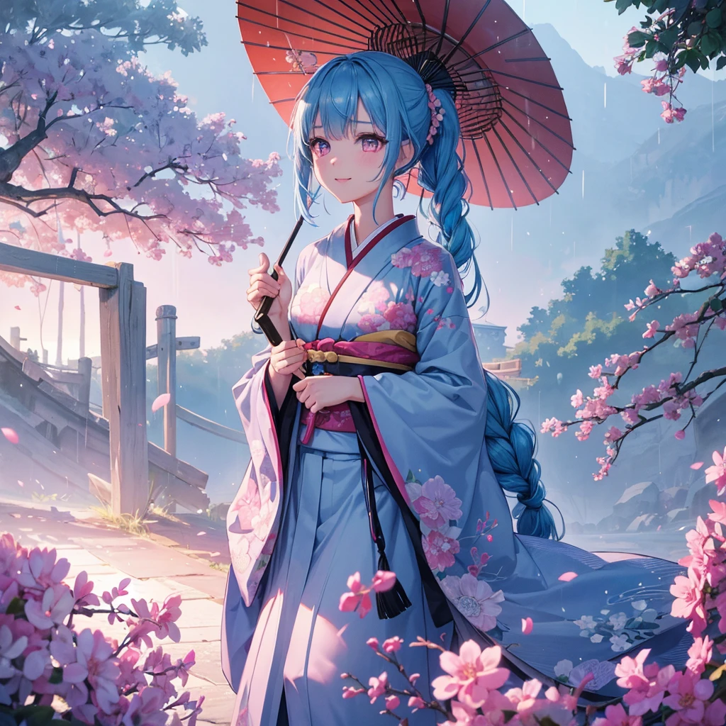 sky Blue hair, (braided ponytail),(pink eyes),fair skin ,(full body),(1 girl),smile,Straight Bangs,(masterpiece, best quality, ultra-detailed, best shadow), (detailed background), (beautiful detailed face), high contrast, (best illumination, an extremely delicate and beautiful), ((cinematic light)), colorful, hyper detail, dramatic light, intricate details,rain shower,kyoto,Japanese Umbrella,kimono,