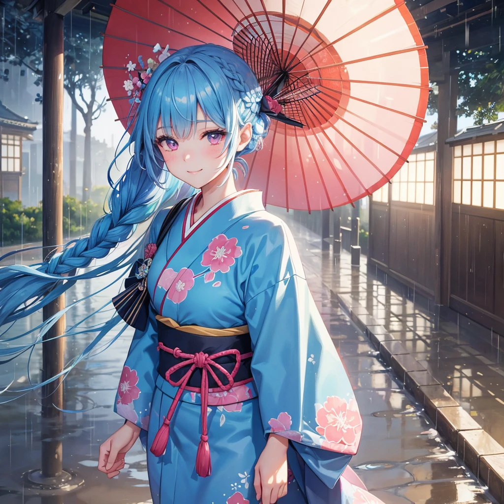 sky Blue hair, (braided ponytail),(pink eyes),fair skin ,(full body),(1 girl),smile,Straight Bangs,(masterpiece, best quality, ultra-detailed, best shadow), (detailed background), (beautiful detailed face), high contrast, (best illumination, an extremely delicate and beautiful), ((cinematic light)), colorful, hyper detail, dramatic light, intricate details,rain shower,kyoto,Japanese Umbrella,kimono,