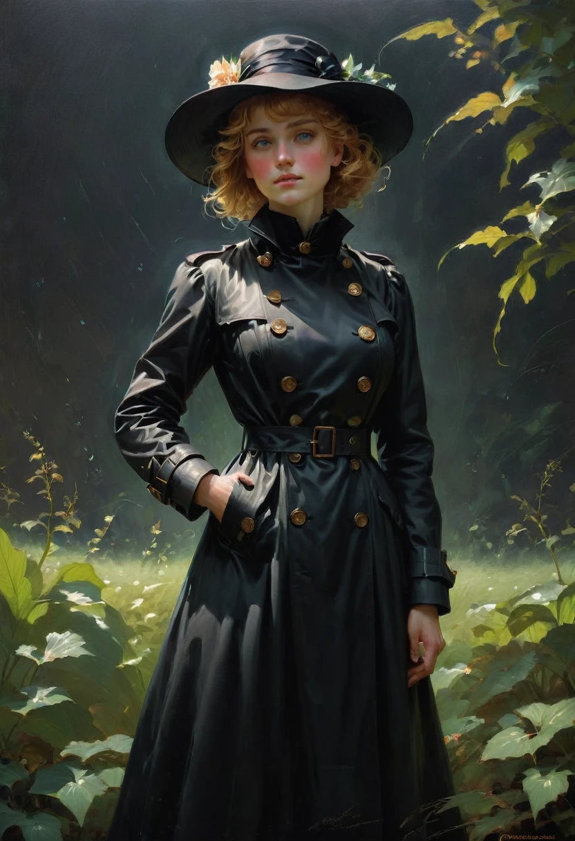 Black Trench Coat, full body, by Charles Courtney Curran, best quality, masterpiece, very aesthetic, perfect composition, intricate details, ultra-detailed