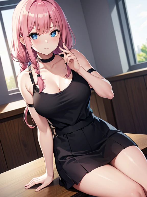 mafuyu kirusu sitting in bench, black t-shirt, sexy body and curves, black thighs, visible shoulder, blur crystal eyes, blue eyes, braid, long hair, twin braids, pink hair, short skirt, BREAK looking at viewer, BREAK indoors, classroom, BREAK (masterpiece:1.2), best quality, high resolution, unity 8k wallpaper, (illustration:0.8), (beautiful detailed eyes:1.6), extremely detailed face, perfect lighting, extremely detailed CG, (perfect hands, perfect anatomy), angry face, seducing face, short t-shirt, visible hip and waist, black long socks, visible shoulder, visible bra straps
