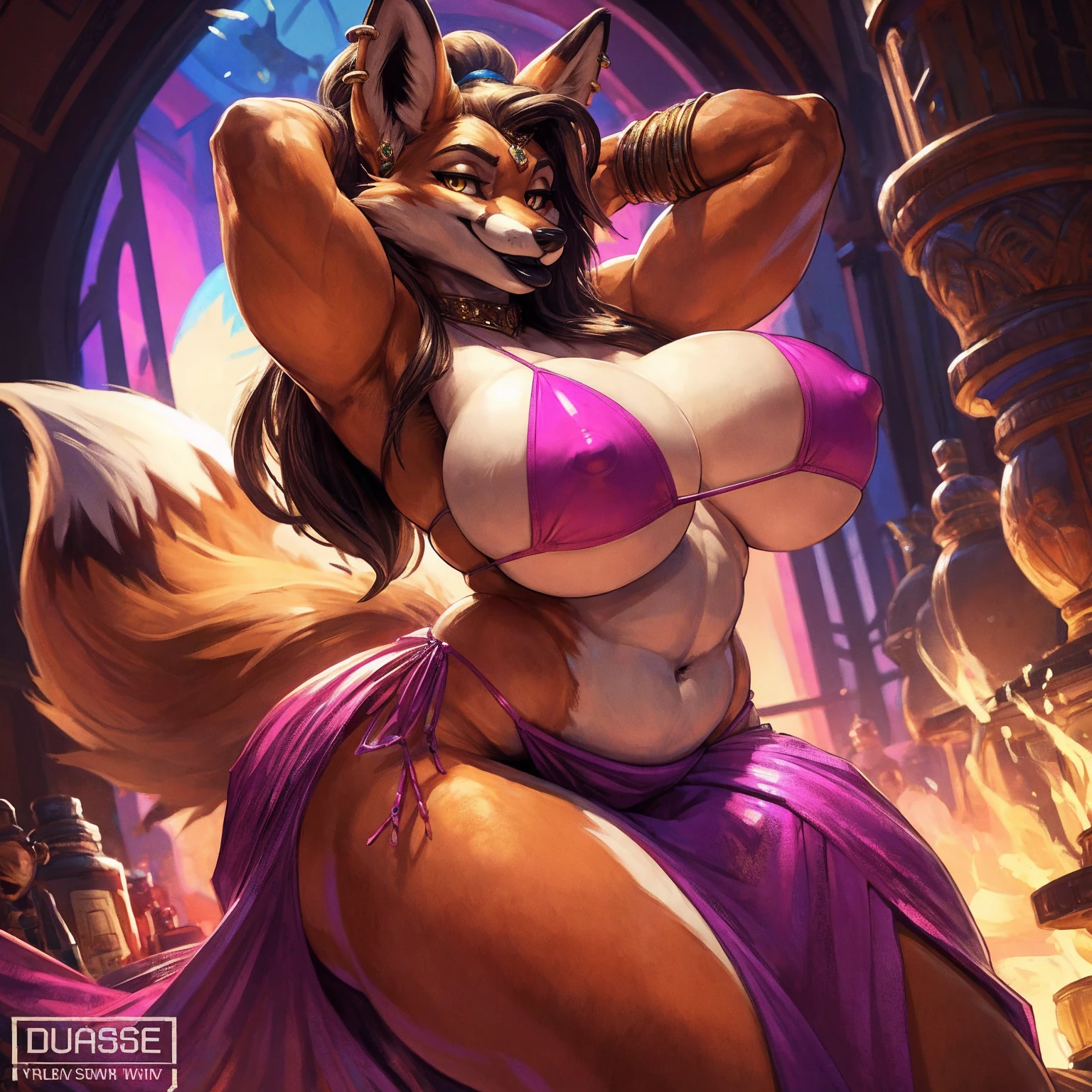 uploaded to e621.net, masterpiece, 8k, fox, vixen, blonde, long hair, (topknot:1.2), genie, (huge bottom lip:1.2), black lip gloss, accurate hands, (pink micro bikini top:1.2), pink sarong wrap, huge breasts, nipple outline, large areolae, hyper hips, gold jewelry, ear piercings, hands behind head, dancing, magic display, smiling, golden eyes, by darkgem, by duase,