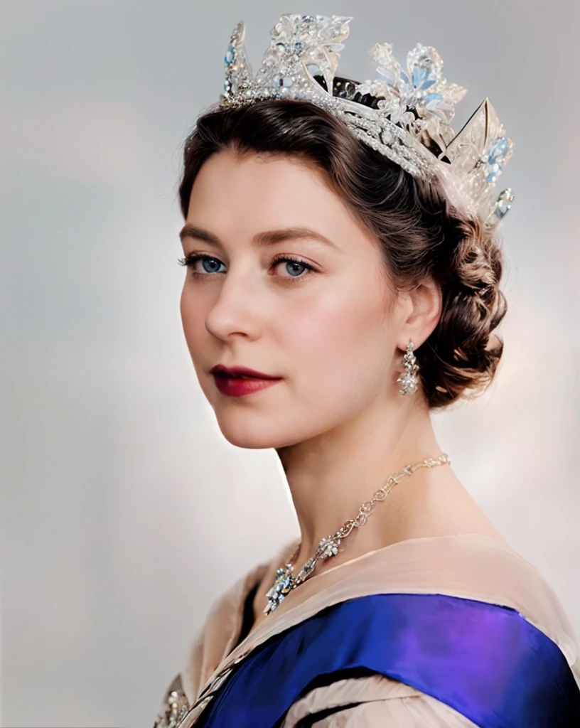 arafed woman wearing a tiara and a blue dress, portrait of queen elizabeth ii, queen elizabeth ii, queen elizabeth, queen of england, portrait of queen, royal portrait, wearing a diamond crown, portrait of a queen, october, royal elegant pose, january, the crown, beautiful queen, god save the queen!!!, queen chess piece photo portrait, official photo portrait, wearing diamon crown, 8k, masterpiece