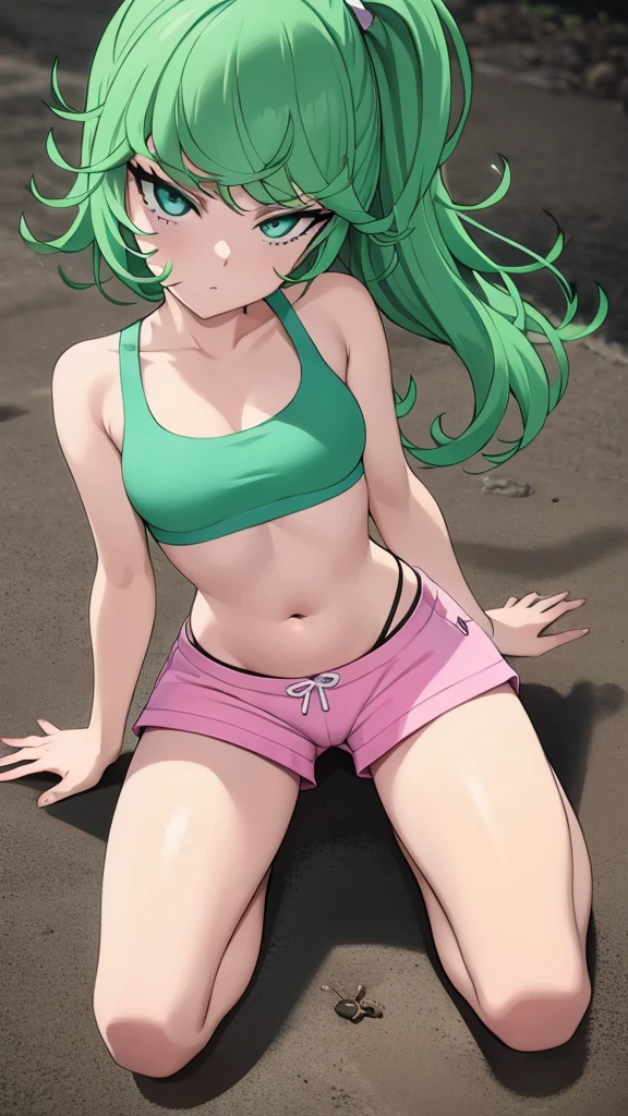 green hair,green eyes,crawl,kneel,(leash) in tight pink dolphin shorts and a pink sports bra