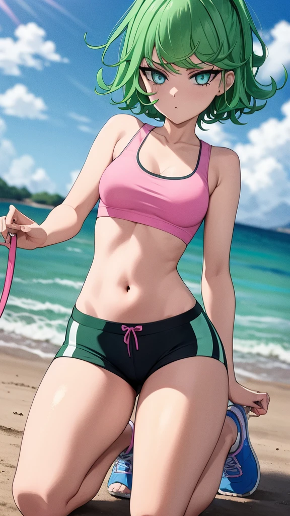 green hair,green eyes,crawl,kneel,(leash) in tight pink dolphin shorts and a pink sports bra