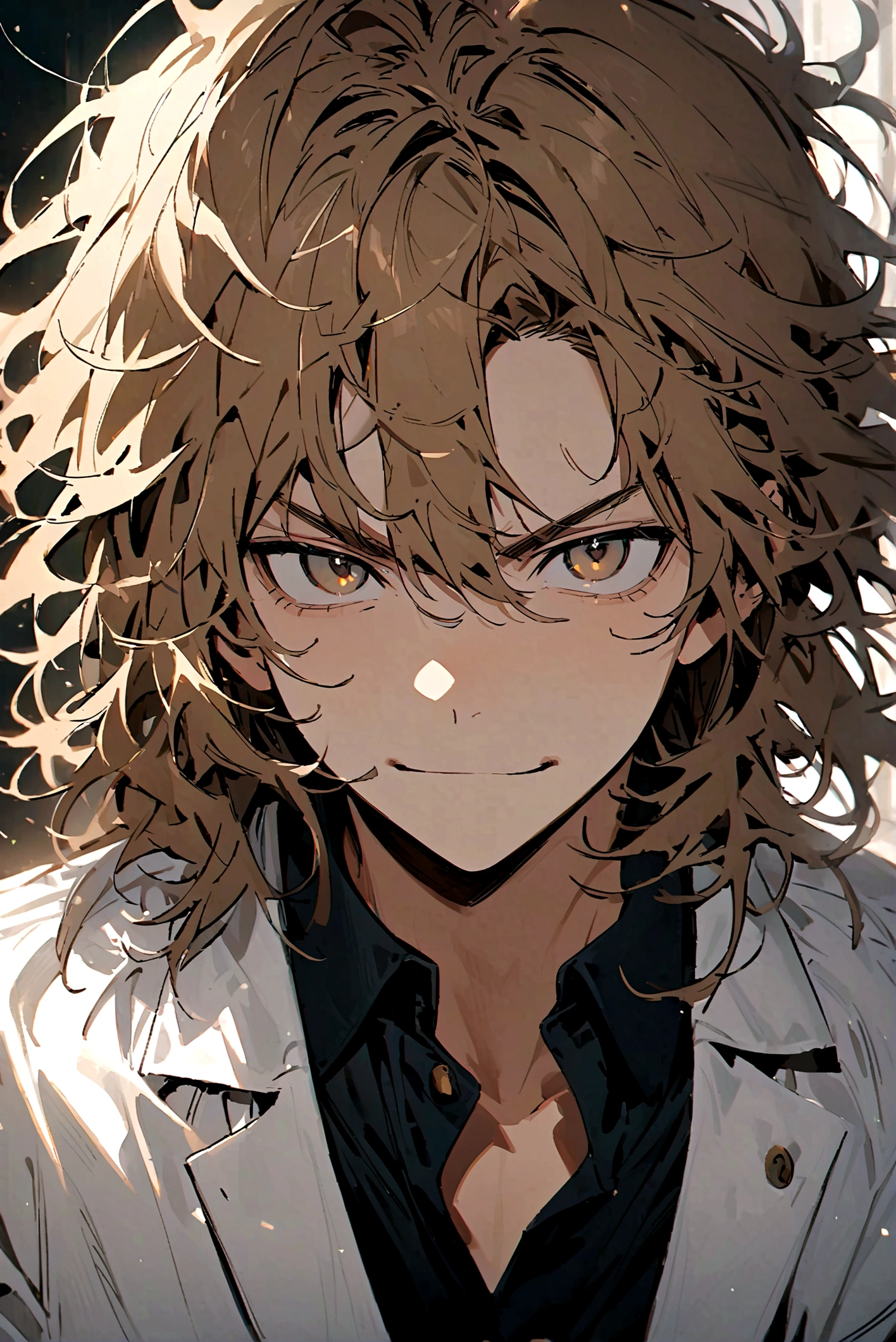 Teenage boy, Messy hair, medium length hair, light brown hair with blue highlights, Light brown eyes, serious face, ssmile, white school shirt, school blue jacket, dark brown pants, black dress shoes, lot of details