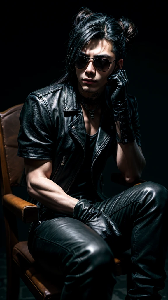 a stylish korean man with long hair tied in bun, wearing black round sunglasses, black leather gloves, dark clothing, sitting on a chair in a dark environment, dynamic point of view, best quality, ultra-detailed, photorealistic, vivid colors, dramatic lighting, chiaroscuro, dark and moody atmosphere, masculine, charismatic, punk style