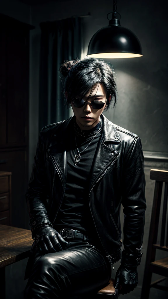 a stylish korean man with long hair tied in bun, wearing black round sunglasses, black leather gloves, dark clothing, sitting on a chair in a dark environment, dynamic point of view, best quality, ultra-detailed, photorealistic, vivid colors, dramatic lighting, chiaroscuro, dark and moody atmosphere, masculine, charismatic, punk style