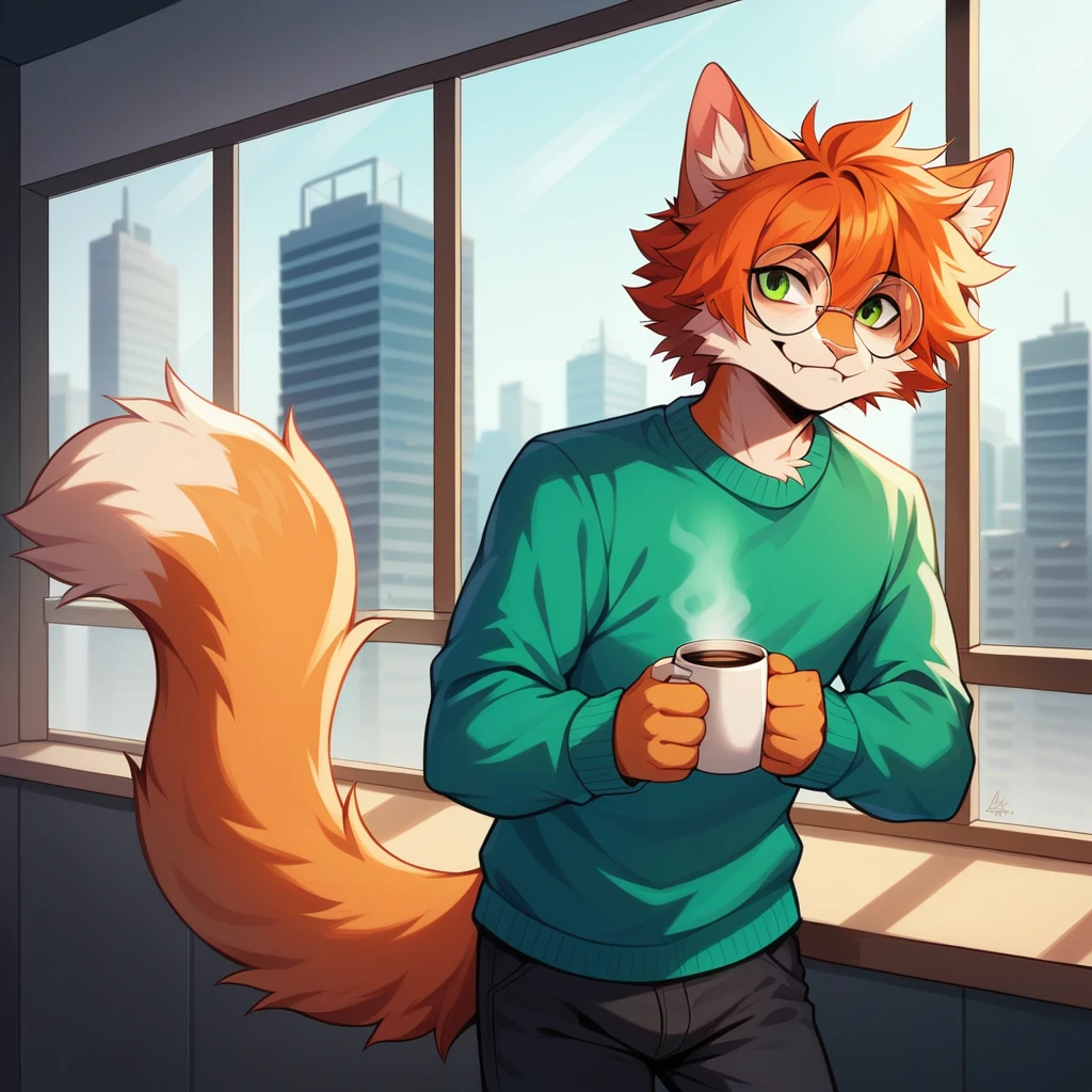 Solo, male, furry art, fursona, ((feline)), (((ginger primary fur))), white secondary, city background, amazing art, masterfully executed, beautiful background, normal body, paws, ginger cat, sweater, pants, coffee, handsome, fangs, cool hair, round glasses, A professional high-quality photo, in 4K resolution, captures in realistic detail, green eyes, fluffy tail