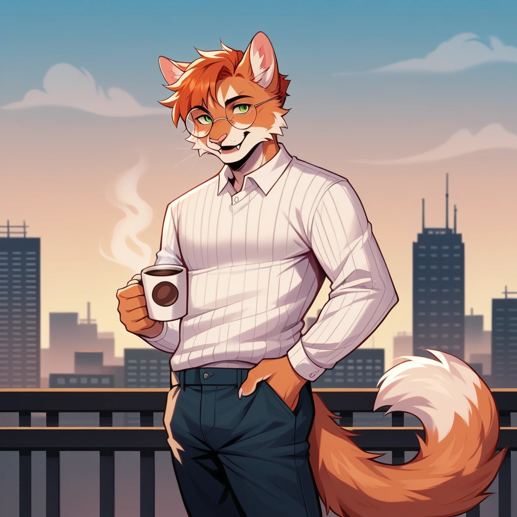 Solo, male, furry art, fursona, ((feline)), (((ginger primary fur))), white secondary, city background, amazing art, masterfully executed, beautiful background, normal body, paws, ginger cat, sweater, pants, coffee, handsome, fangs, cool hair, round glasses, A professional high-quality photo, in 4K resolution, captures in realistic detail, green eyes, fluffy tail
