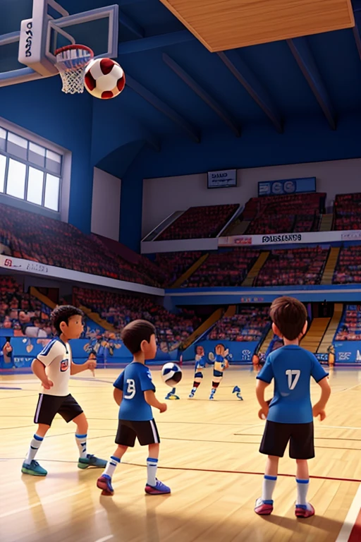 futsal, sports gym, children, , two teams, fans, parents, animation, goal