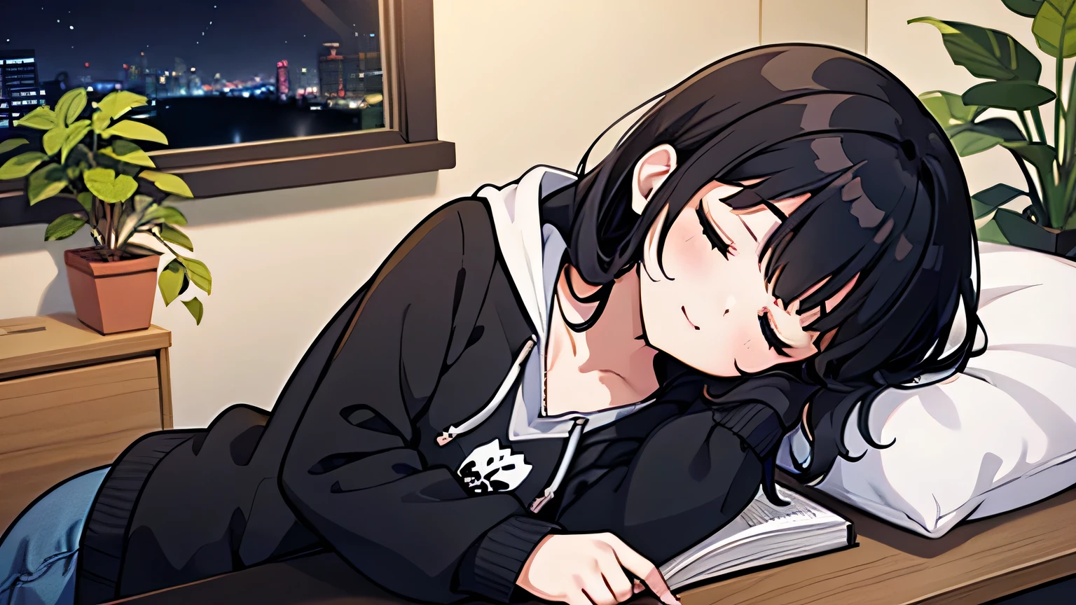 (1girl in)、Face to detail、flat chest, masterpiece sidelighting、masterpiece、top-quality、black hair detaileds、High resolution illustration) a girl who is asleep, happy sleeping face, holding her face by only one hand in her desk at her room during night time surrounded by plants, wearing a hoodie