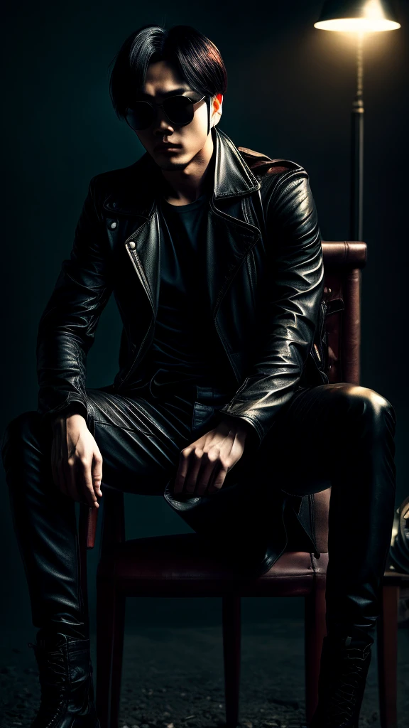 a stylish korean man with long hair tied in bun, wearing black round sunglasses, black leather gloves, dark clothing, sitting on a chair in a dark environment, dynamic point of view, best quality, ultra-detailed, photorealistic, vivid colors, dramatic lighting, chiaroscuro, dark and moody atmosphere, masculine, charismatic, punk style